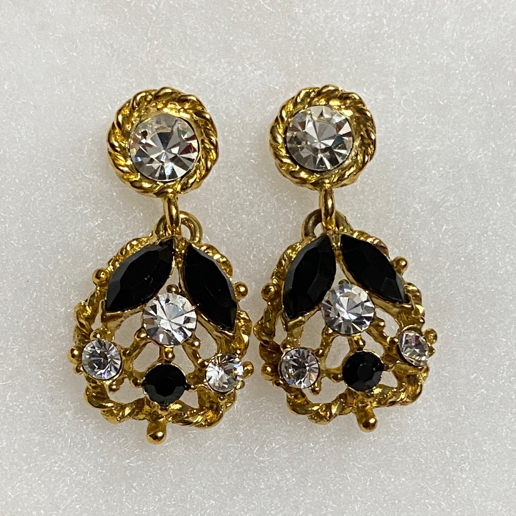 Gold-Tone Black & Clear Crystal Drop Earrings